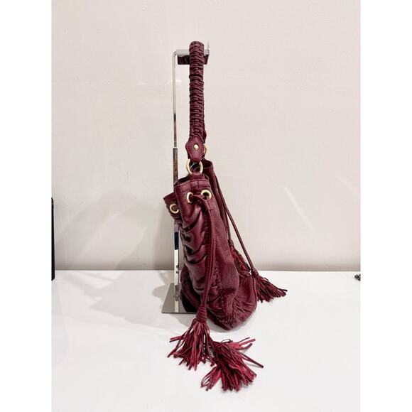 Isabella Fiore Leather Tassel Tie Burgundy Shoulder Handbag - Picture 2 of 8